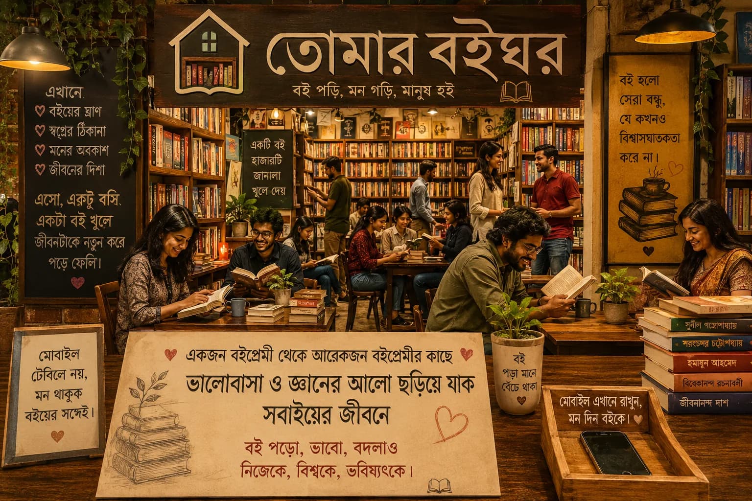 College Street ঘরানার একটি বাংলা বইয়ের দোকান — কাঠের টেবিলে পাঠকেরা বই পড়ছেন, তাক ভরা বই। A warm Bengali bookshop with readers at wooden tables.